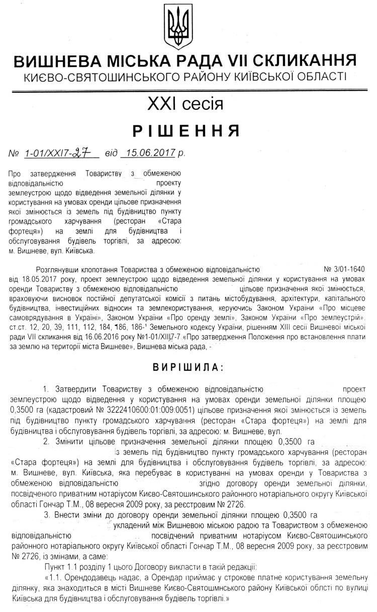 РІШЕННЯ ХХI СЕСІЇ VIІ СКЛИКАННЯ від 15.06.2017 року
